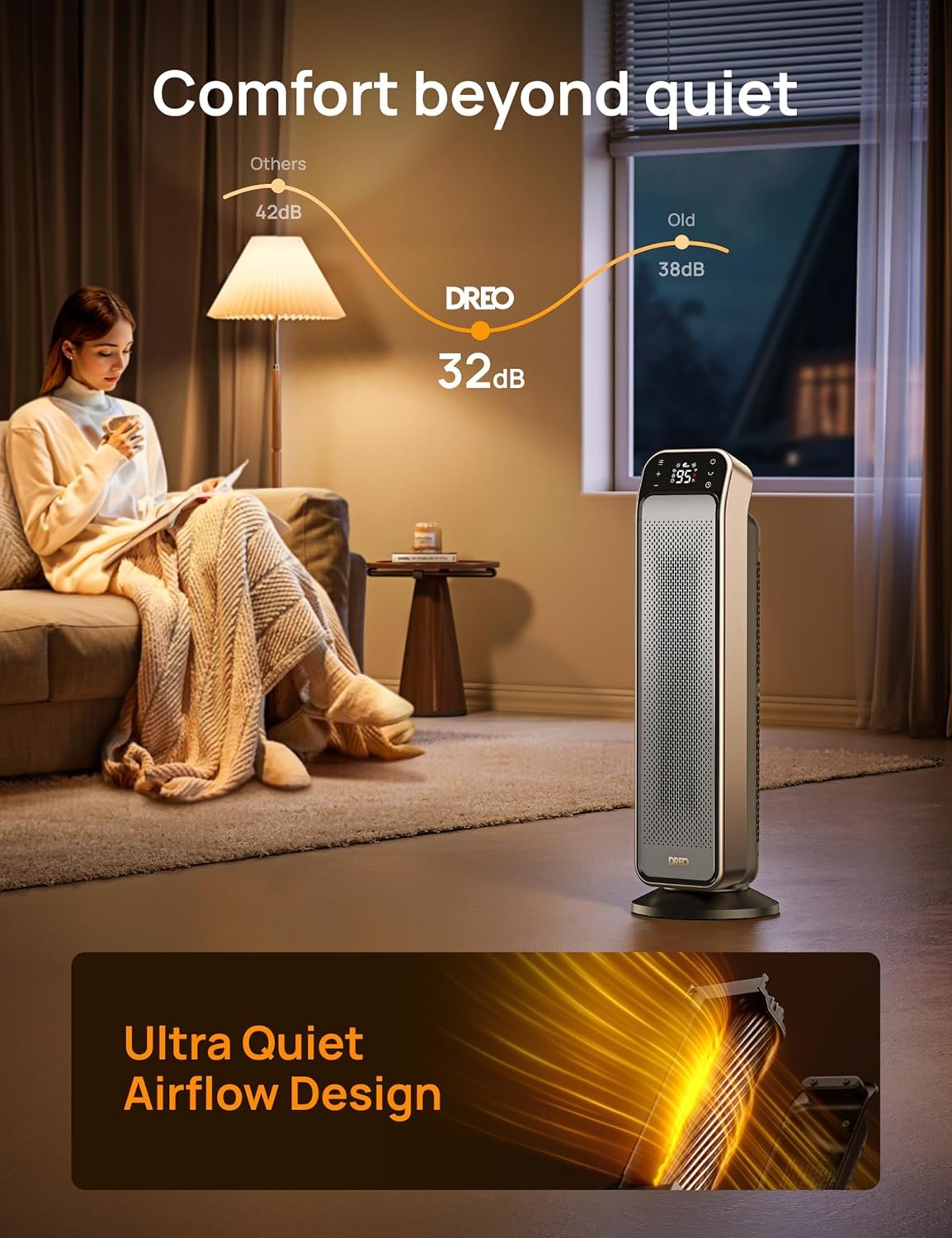 Dreo Space Heater for Indoor Use, 25" 11.5ft/s Fast Electric Heater with Remote and Thermostat, 3 Modes, Overheating & Tip-Over Protection, Portable Heater for Large Room, Bedroom, Office, Gold - Image 6