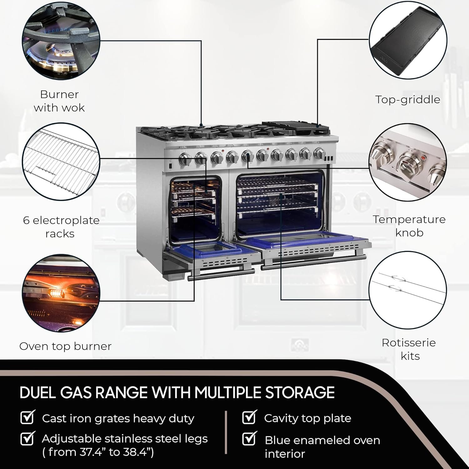 FORNO Capriasca Full Gas 48" Inch. Freestanding Range with 8 Sealed Burners Cooktop - 6.58 Cu.Ft. Double Gas Convection Oven Capacity, Stainless Steel Heavy Duty Cast Iron Grates. - Image 5