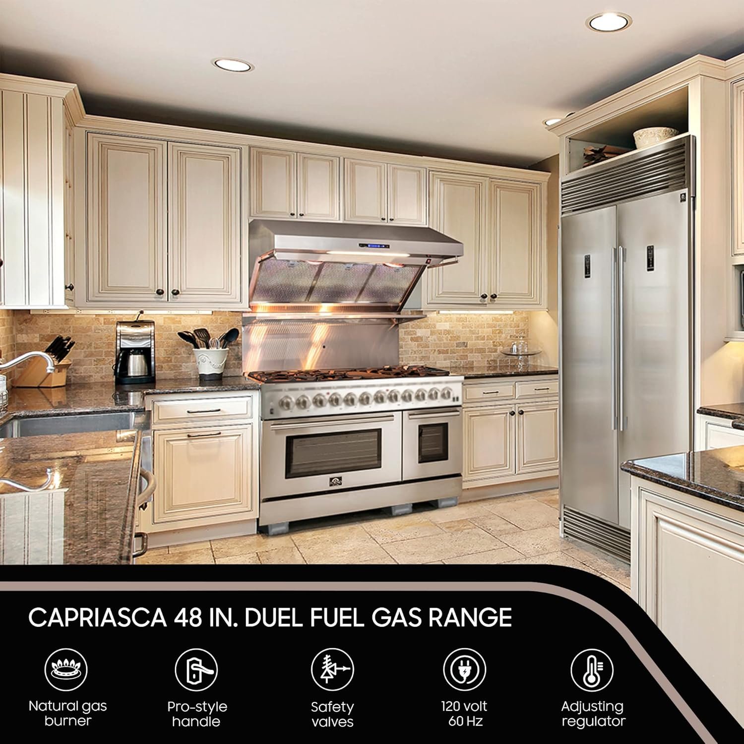 FORNO Capriasca Full Gas 48" Inch. Freestanding Range with 8 Sealed Burners Cooktop - 6.58 Cu.Ft. Double Gas Convection Oven Capacity, Stainless Steel Heavy Duty Cast Iron Grates. - Image 3