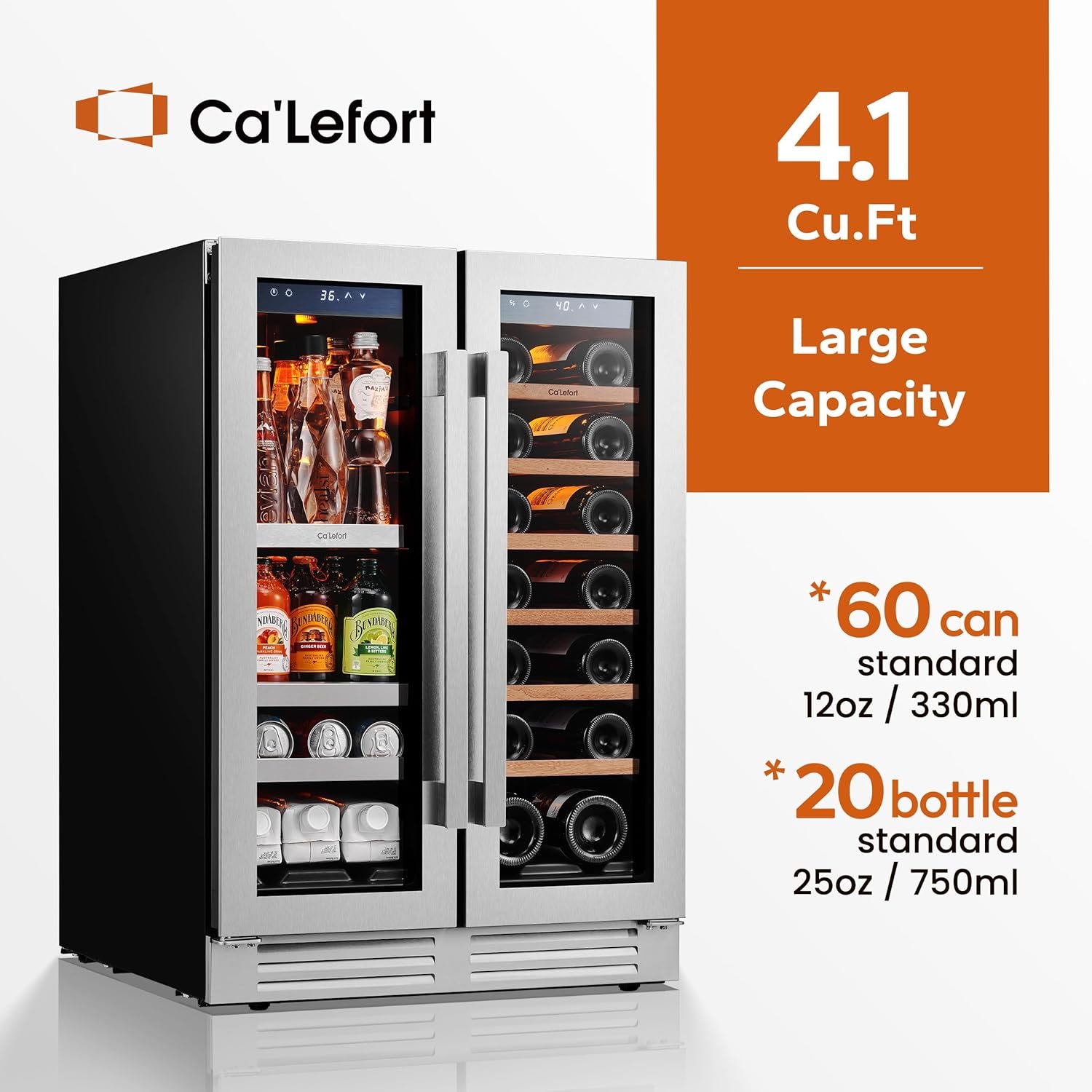 Ca'Lefort Wine and Beverage Refrigerator 24 Inch, 60 Can and 20 Bottle Wine Fridge Dual Zone 36°F-72°F, 3 LED Beverage Fridge Built in or Freestanding, Perfect for Home/Kitchen(4.10 cu.ft) - Image 2