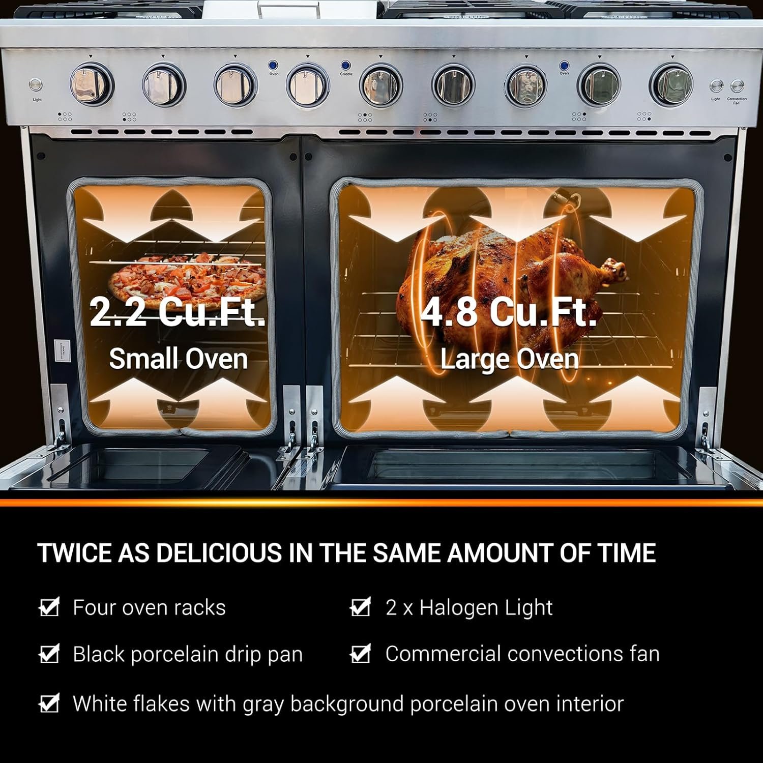 Sinda 48" Gas Range Freestanding Range with 7.0 cu.ft Convection Oven 6 Burners Cast Iron Grates Convections Two Porcelain Oven Racks Natural Gas/LP Convertible - Image 3