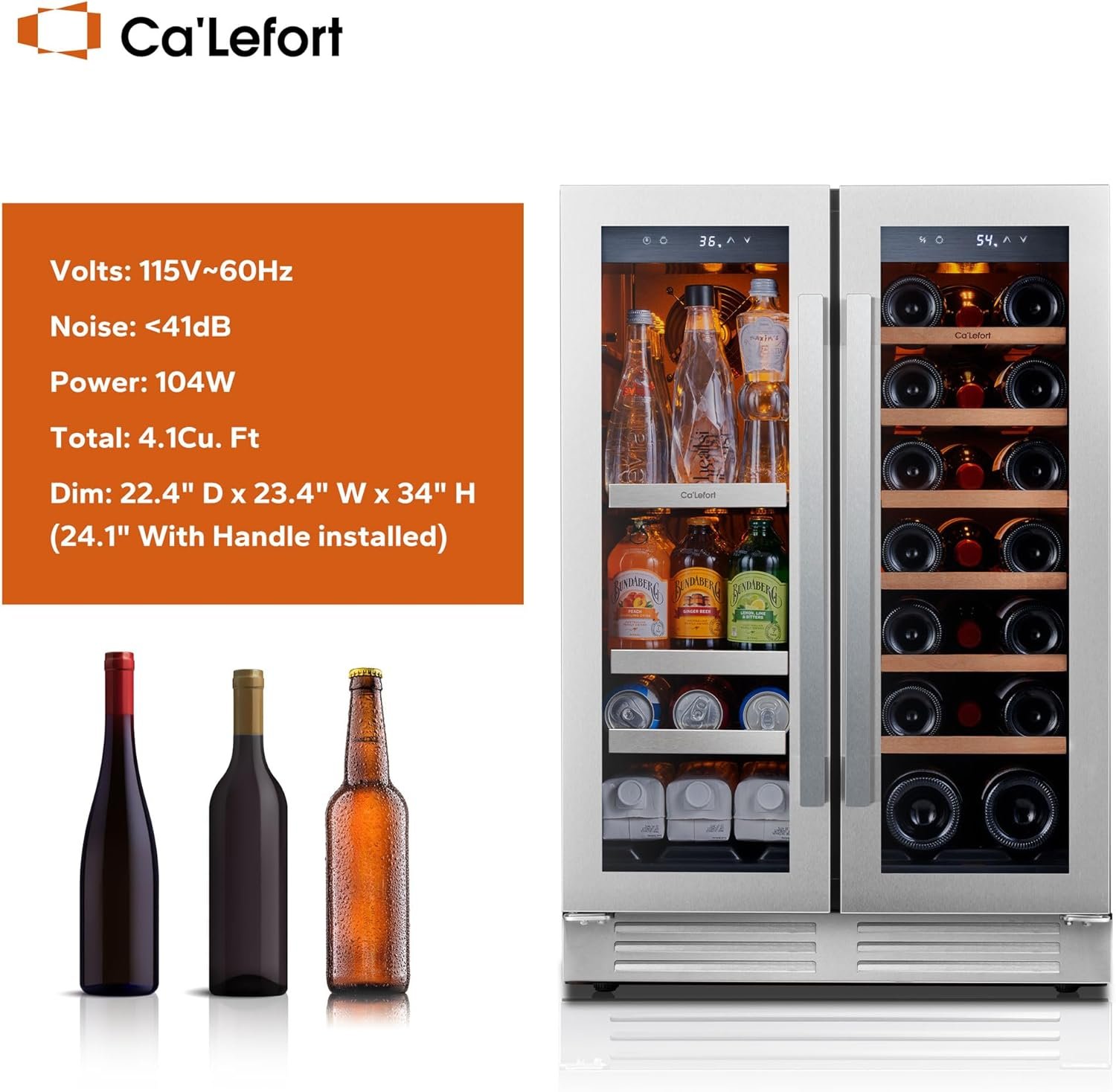 Ca'Lefort Wine and Beverage Refrigerator 24 Inch, 60 Can and 20 Bottle Wine Fridge Dual Zone 36°F-72°F, 3 LED Beverage Fridge Built in or Freestanding, Perfect for Home/Kitchen(4.10 cu.ft) - Image 8