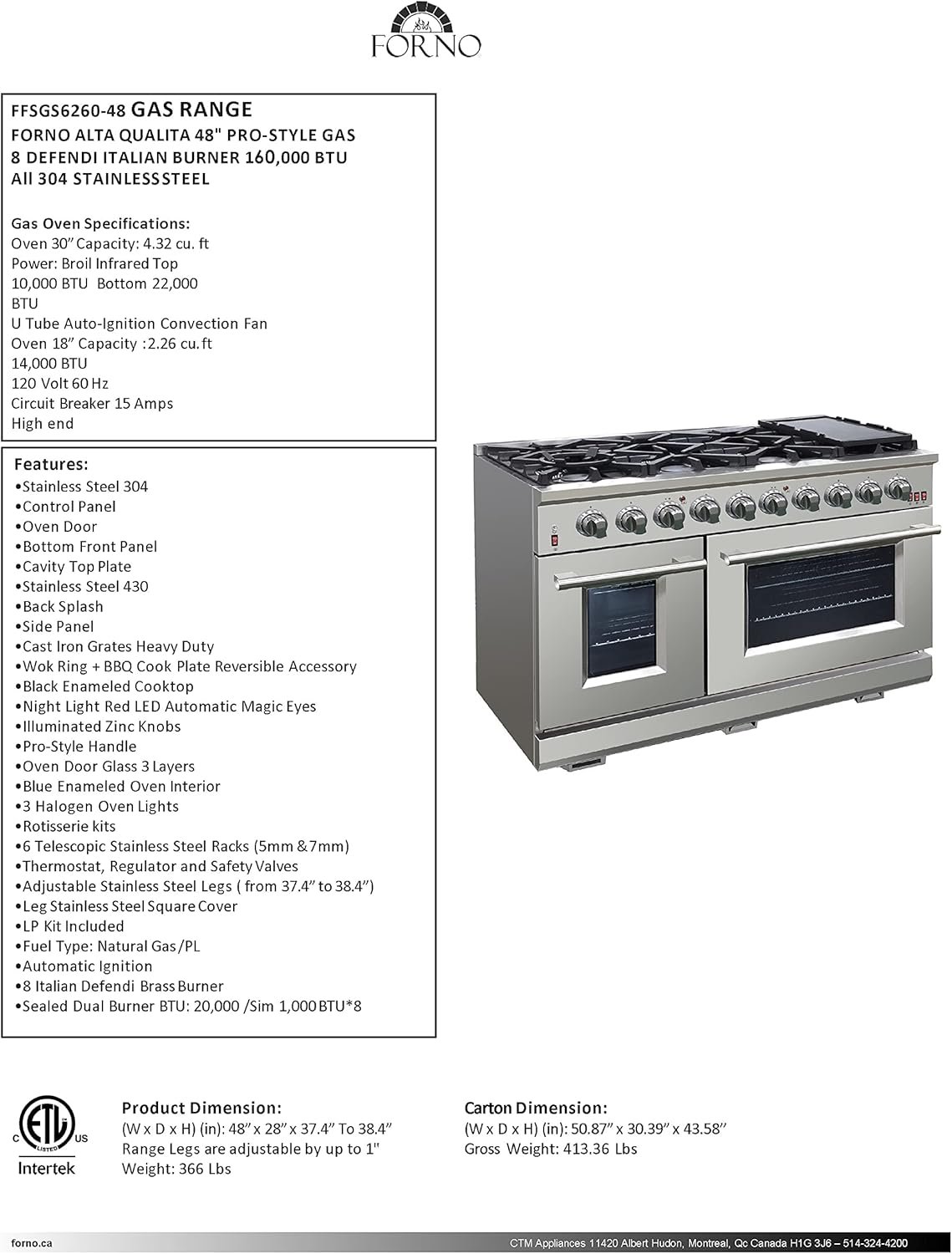 FORNO Capriasca Full Gas 48" Inch. Freestanding Range with 8 Sealed Burners Cooktop - 6.58 Cu.Ft. Double Gas Convection Oven Capacity, Stainless Steel Heavy Duty Cast Iron Grates. - Image 8