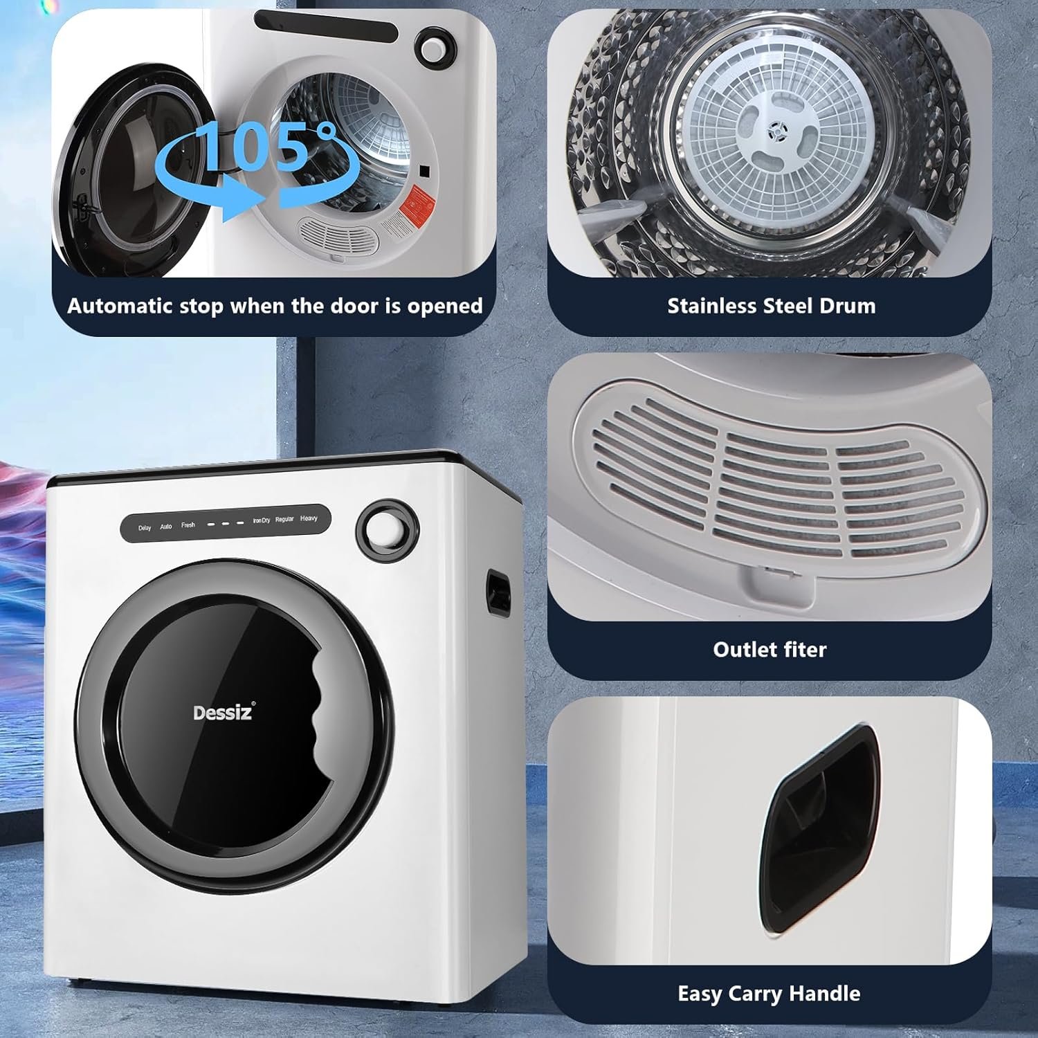 DTD10-WHITE 11LBS Capacity Compact, 110V 970W Portable Clothes Small Spaces RVs and Apartments Quiet, Sturdy and Easy to Use, Supplemental Dryer for Laundry Machines Drying, Grey - Image 5