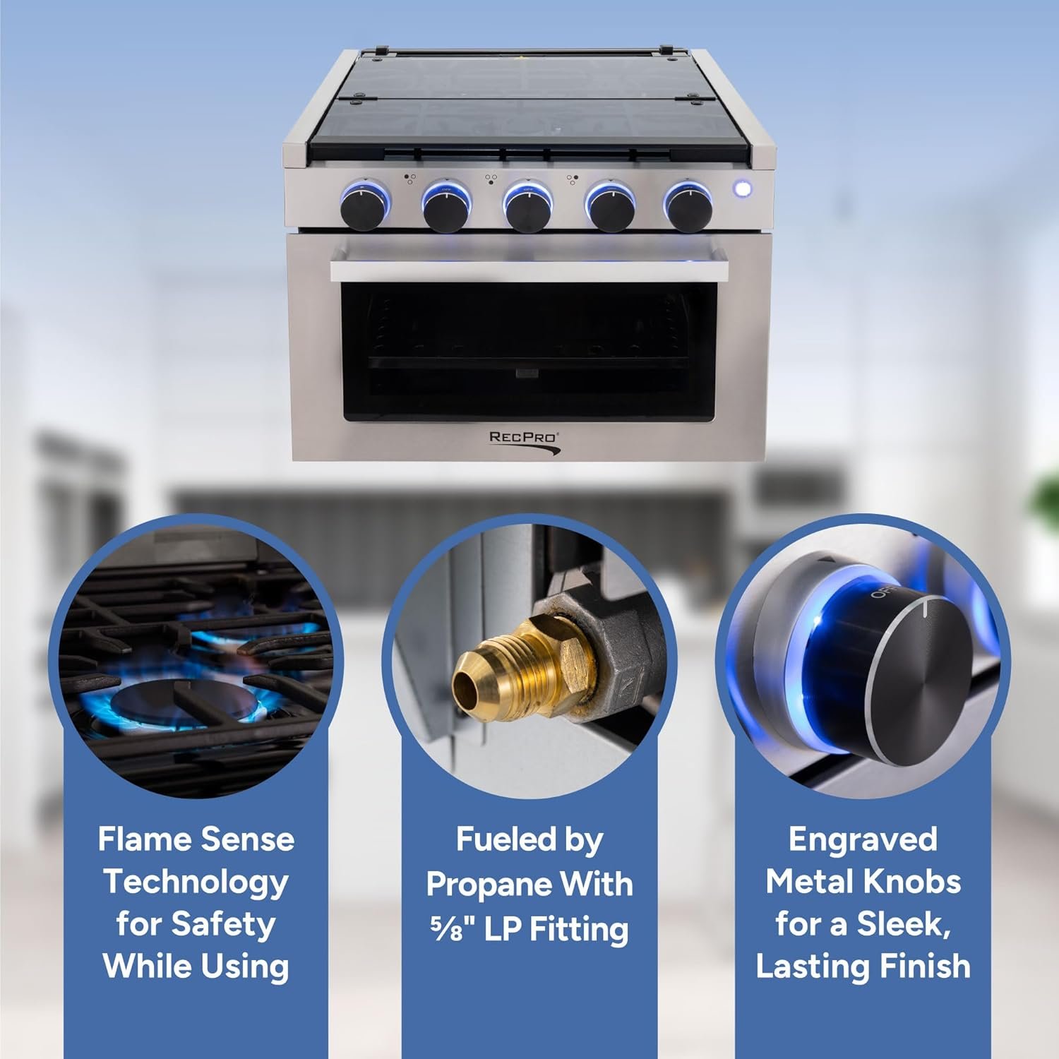 RecPro RV Stove | 21" x 17" Cooktop | 17" Tall Gas Range | 3 Burner | 1.8 Cu. Ft | 7100 BTU | Black or Silver Finish | Optional Vented Range Hood (Stainless, With Range Hood) - Image 2