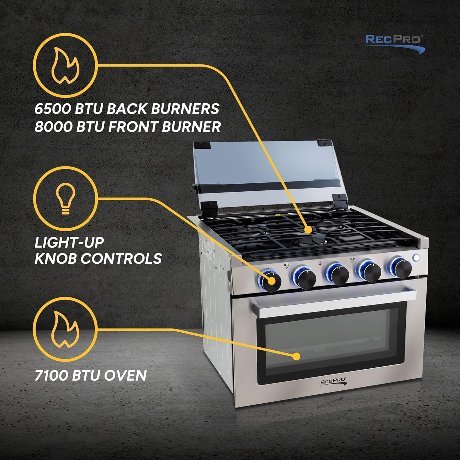 RecPro RV Stove | 21" x 17" Cooktop | 17" Tall Gas Range | 3 Burner | 1.8 Cu. Ft | 7100 BTU | Black or Silver Finish | Optional Vented Range Hood (Stainless, With Range Hood) - Image 3