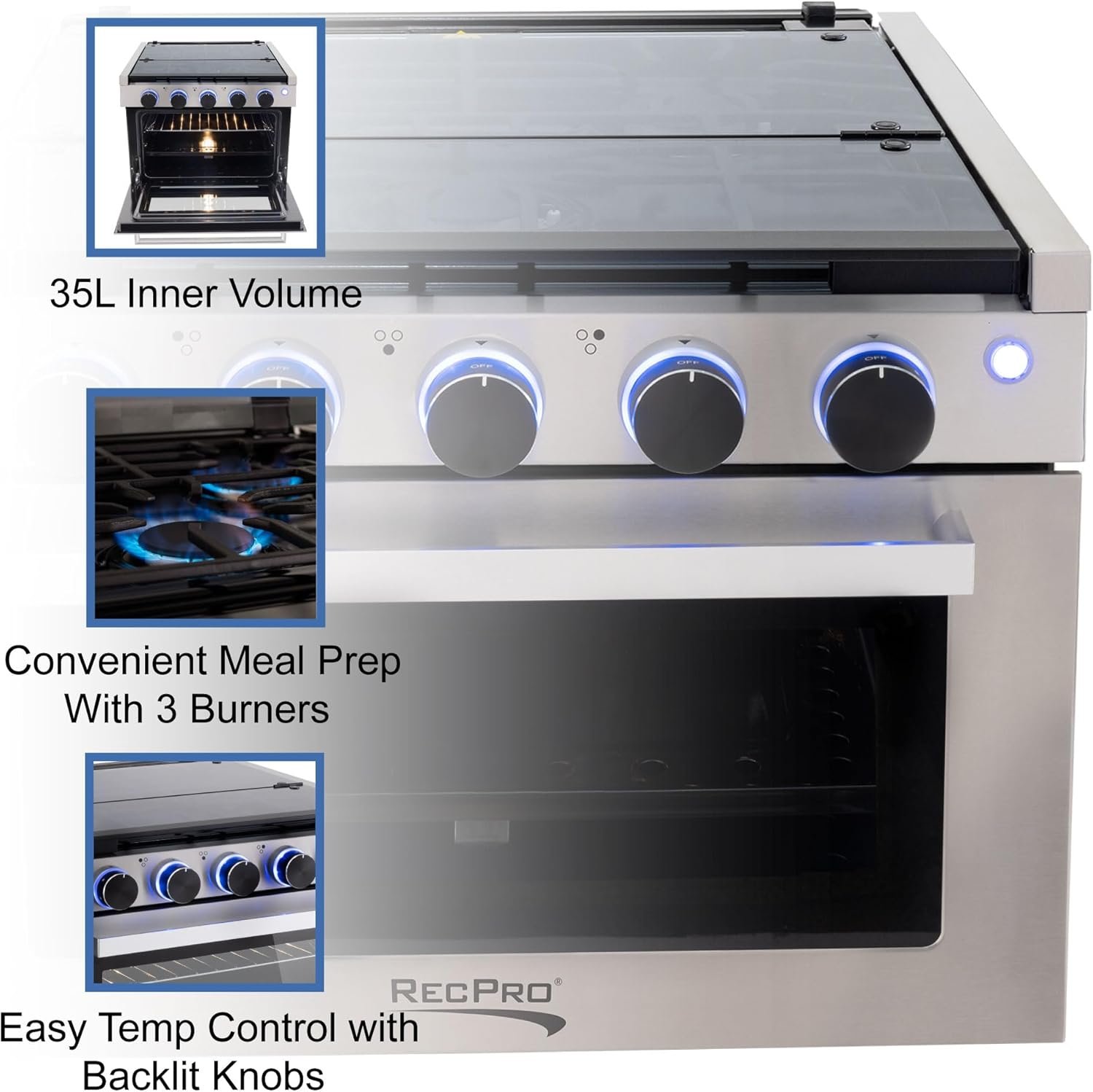 RecPro RV Stove | 21" x 17" Cooktop | 17" Tall Gas Range | 3 Burner | 1.8 Cu. Ft | 7100 BTU | Black or Silver Finish | Optional Vented Range Hood (Stainless, With Range Hood) - Image 4