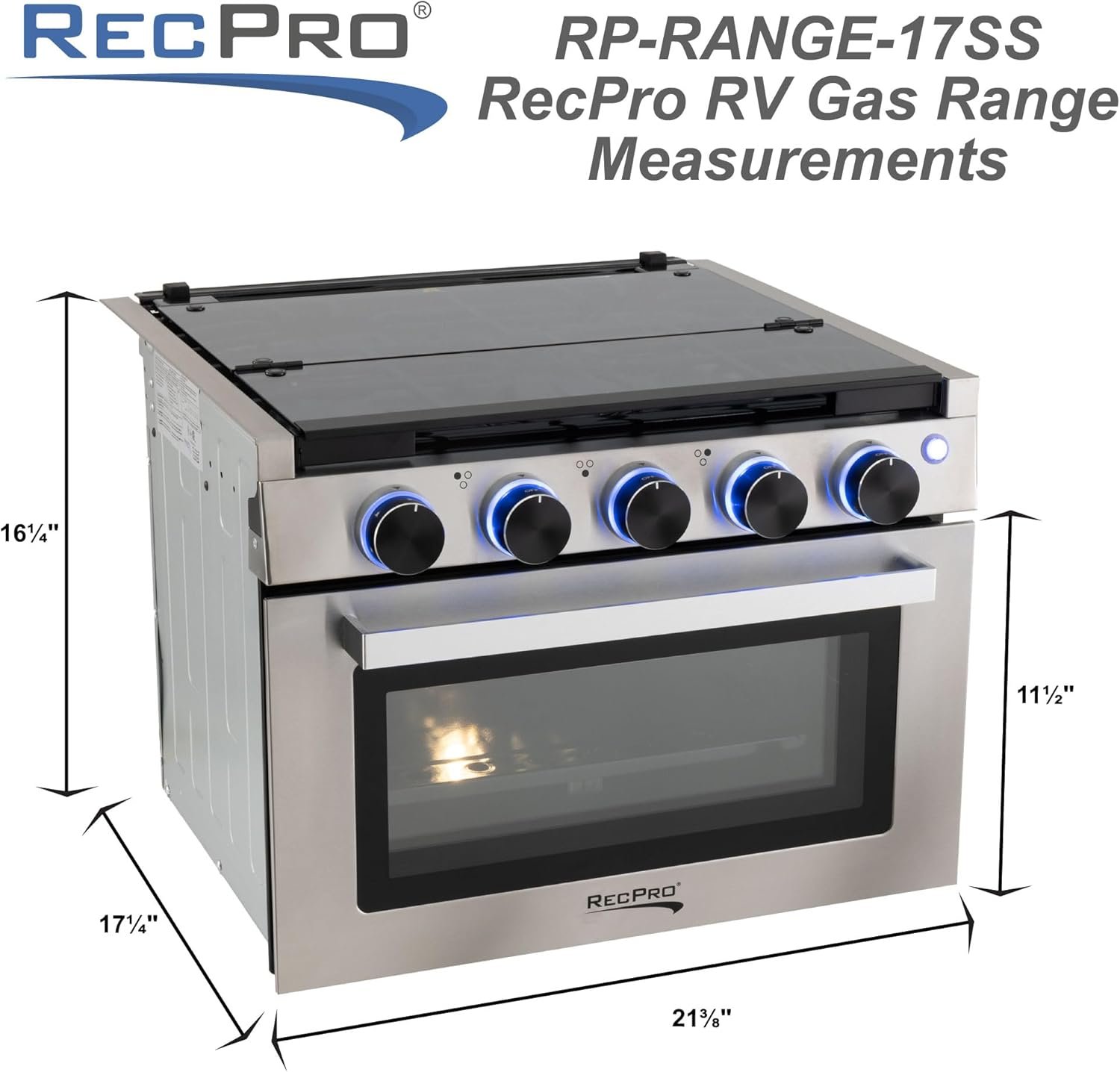 RecPro RV Stove | 21" x 17" Cooktop | 17" Tall Gas Range | 3 Burner | 1.8 Cu. Ft | 7100 BTU | Black or Silver Finish | Optional Vented Range Hood (Stainless, With Range Hood) - Image 6