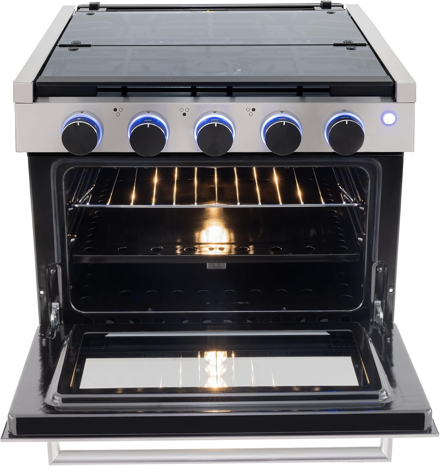 RecPro RV Stove | 21" x 17" Cooktop | 17" Tall Gas Range | 3 Burner | 1.8 Cu. Ft | 7100 BTU | Black or Silver Finish | Optional Vented Range Hood (Stainless, With Range Hood) - Image 7