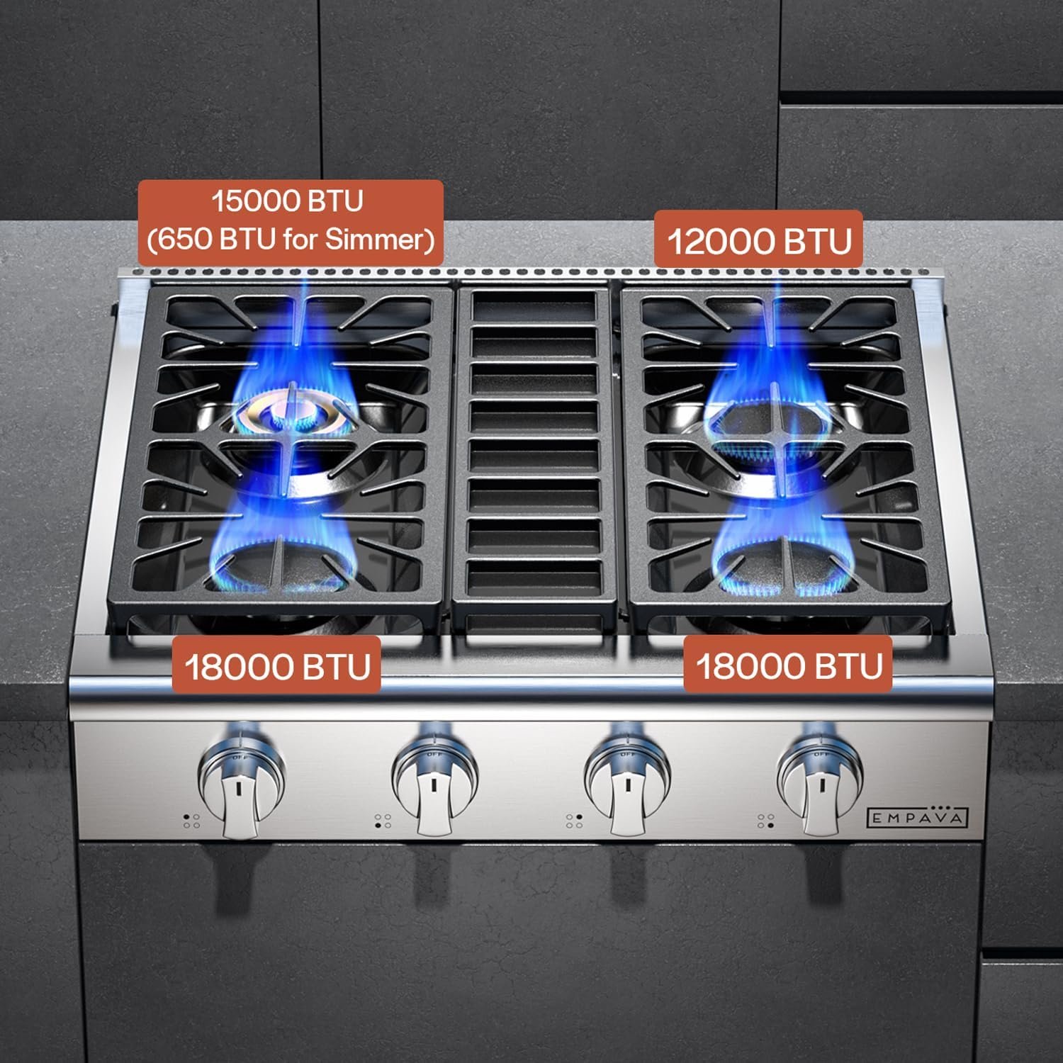Empava 30 in. Pro-Style Professional Slide-in Natural Gas Rangetop with 4 Deep Recessed Sealed Ultra High-Low Burners-Heavy Duty Continuous Grates in Stainless Steel, 30 Inch, Silver - Image 4