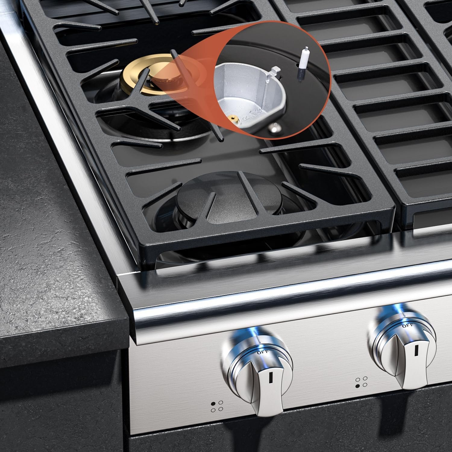 Empava 30 in. Pro-Style Professional Slide-in Natural Gas Rangetop with 4 Deep Recessed Sealed Ultra High-Low Burners-Heavy Duty Continuous Grates in Stainless Steel, 30 Inch, Silver - Image 6