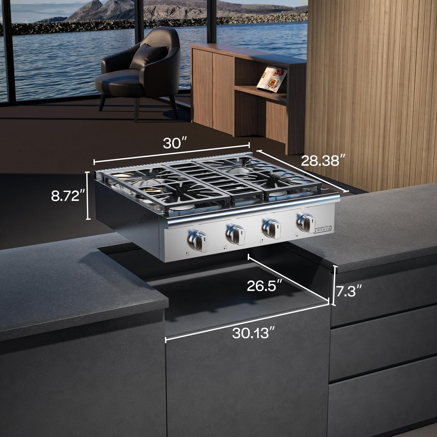 Empava 30 in. Pro-Style Professional Slide-in Natural Gas Rangetop with 4 Deep Recessed Sealed Ultra High-Low Burners-Heavy Duty Continuous Grates in Stainless Steel, 30 Inch, Silver - Image 7
