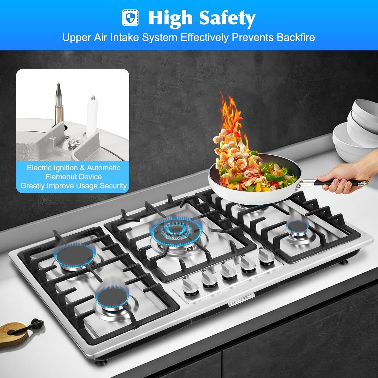 5 Burner Gas Top Stove Gas Cooktop 34 Inch Stainless Steel Built-in Gas Cooktop Gas Cooker Natural Gas/LPG Silver Gas Hob,Easy to Clean and Ignite(5 Burner/33.85"*19.68") - Image 4