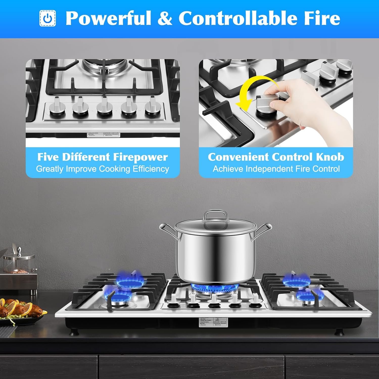 5 Burner Gas Top Stove Gas Cooktop 34 Inch Stainless Steel Built-in Gas Cooktop Gas Cooker Natural Gas/LPG Silver Gas Hob,Easy to Clean and Ignite(5 Burner/33.85"*19.68") - Image 5