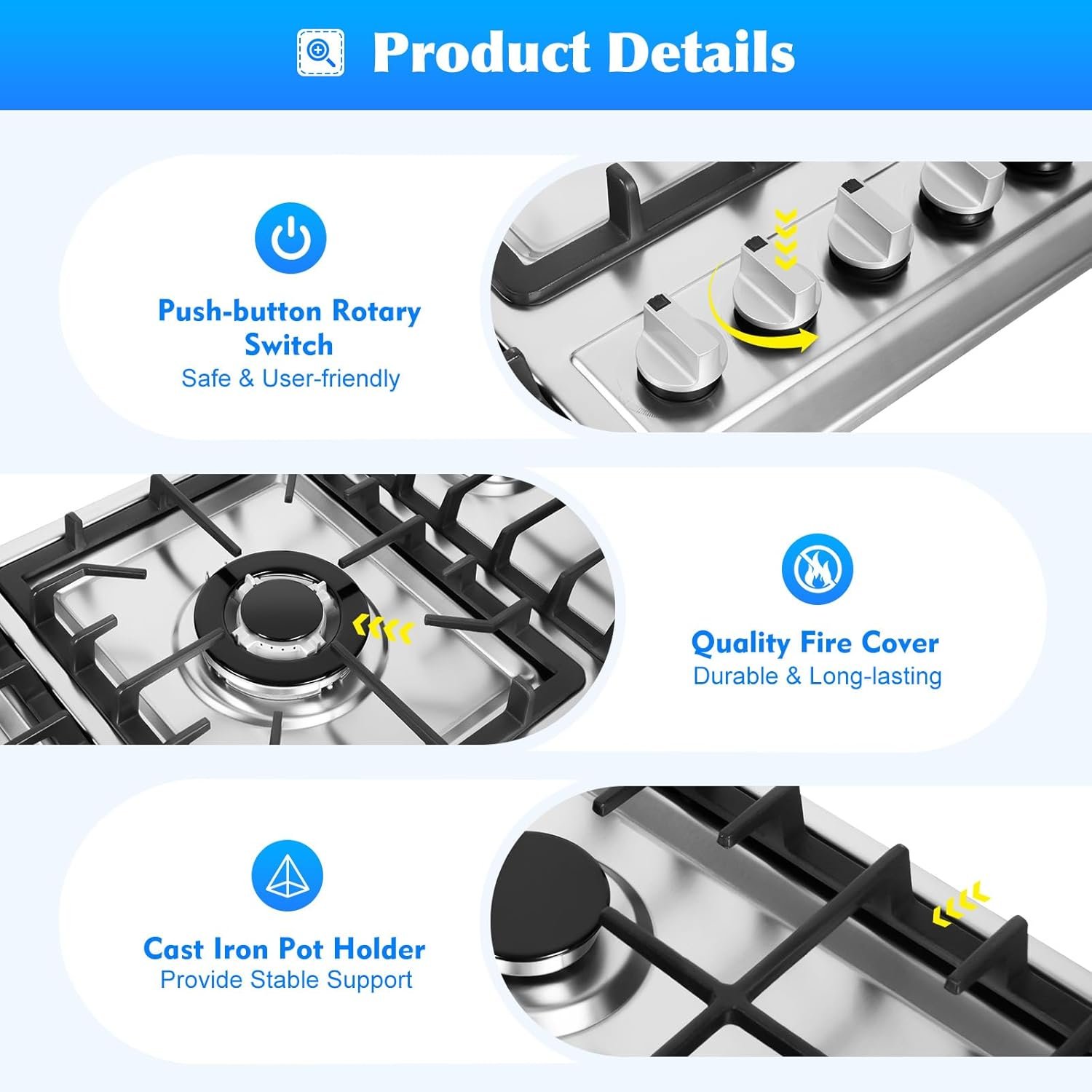 5 Burner Gas Top Stove Gas Cooktop 34 Inch Stainless Steel Built-in Gas Cooktop Gas Cooker Natural Gas/LPG Silver Gas Hob,Easy to Clean and Ignite(5 Burner/33.85"*19.68") - Image 6