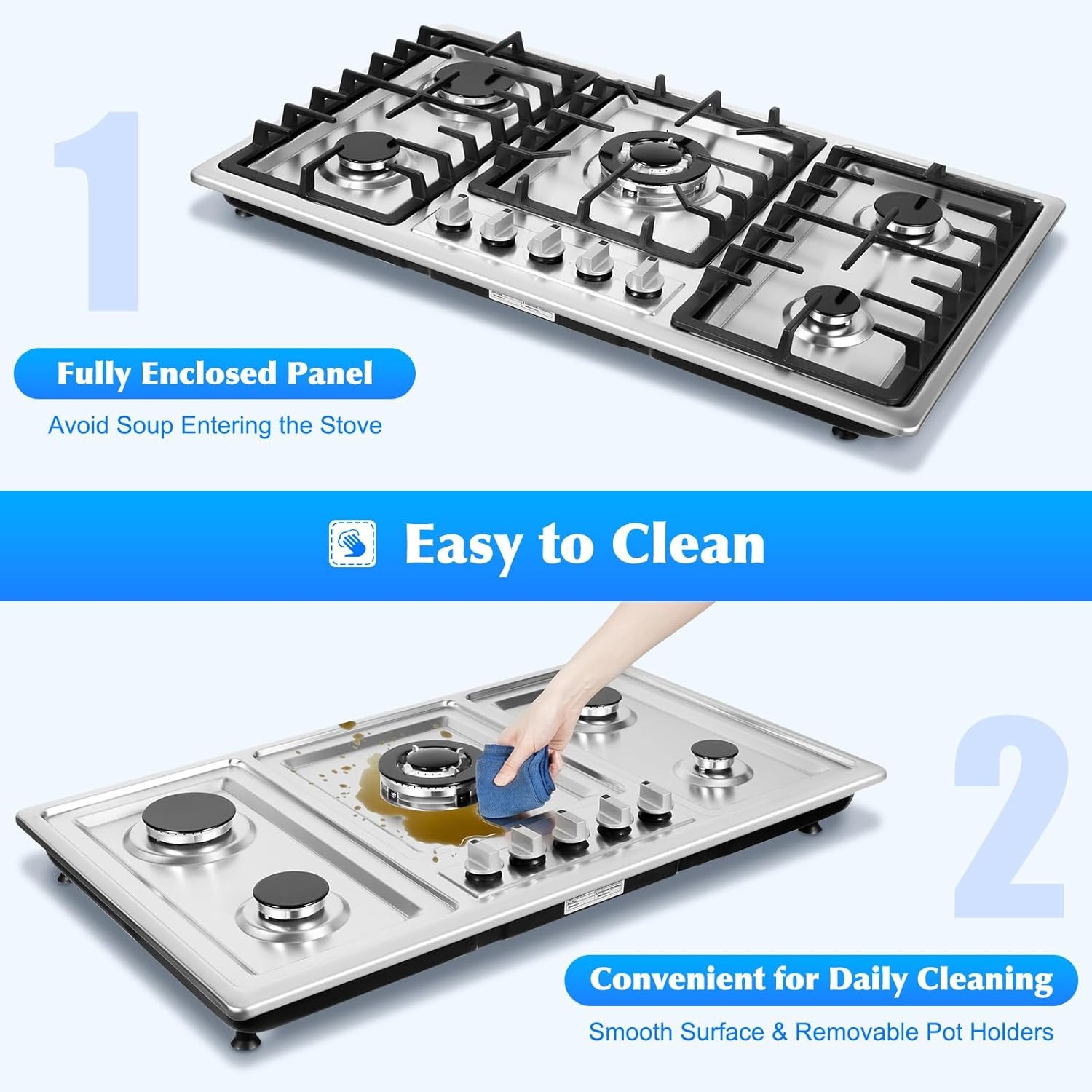 5 Burner Gas Top Stove Gas Cooktop 34 Inch Stainless Steel Built-in Gas Cooktop Gas Cooker Natural Gas/LPG Silver Gas Hob,Easy to Clean and Ignite(5 Burner/33.85"*19.68") - Image 7