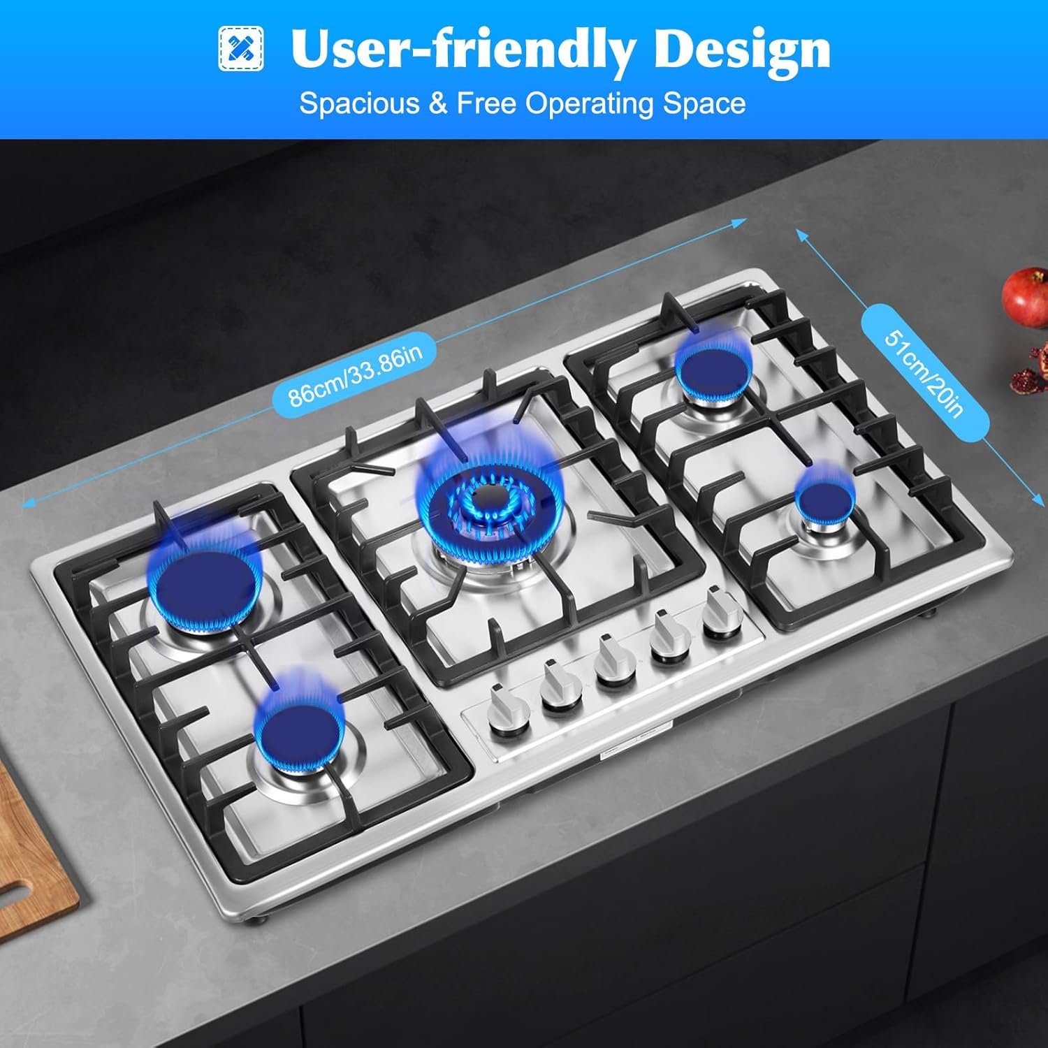 5 Burner Gas Top Stove Gas Cooktop 34 Inch Stainless Steel Built-in Gas Cooktop Gas Cooker Natural Gas/LPG Silver Gas Hob,Easy to Clean and Ignite(5 Burner/33.85"*19.68") - Image 8