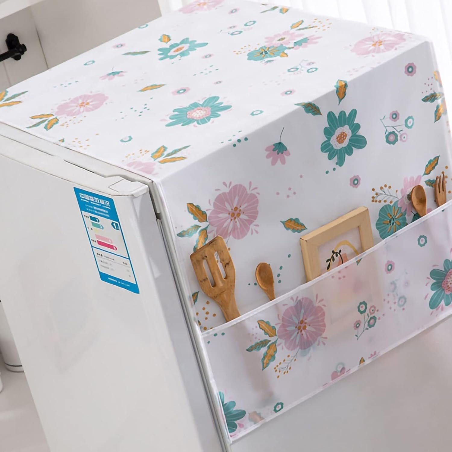 Dust-Proof Refrigerator Cover PEVA Washing Machine Top Protector with Side Storage Bags Water and Oil Proofing Refrigerator Cover Towel Universal Cover for Home and Kitchen(Flower) - Image 2