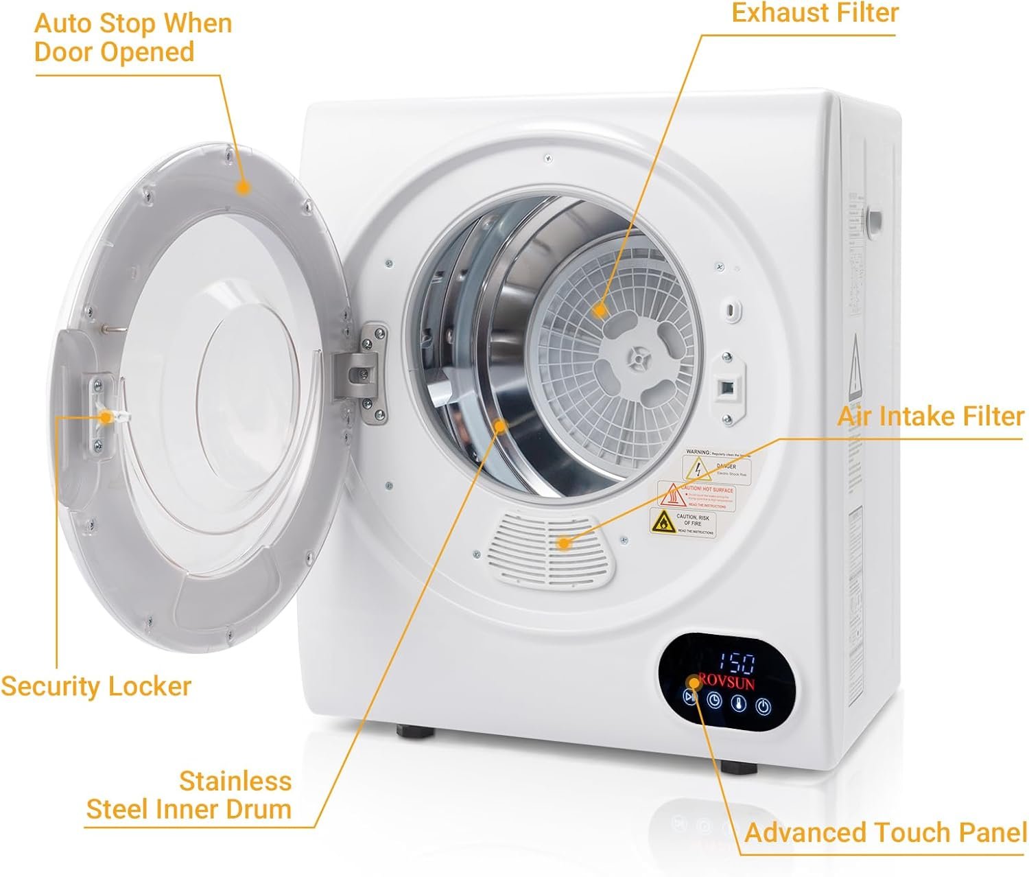 Bonnlo Portable Clothes Dryer, Front Load Electric Dryers Machine, Compact Laundry Dryers with Stainless Steel Tub, for Home, Apartment, Dorm, White (LCD Touch Control) - Image 6