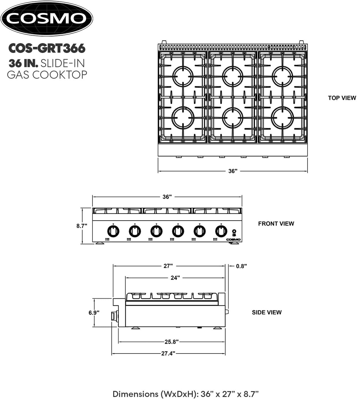 COSMO COS-GRT366 Slide-In Counter Gas-Cooktop 36 inch | 6 Italian-Made Burner Range-Top, Dual Ring Stove, Dishwasher-Safe Cast Iron Grate, Metal Front Knob Control Panel, 36 inch, Stainless Steel - Image 5