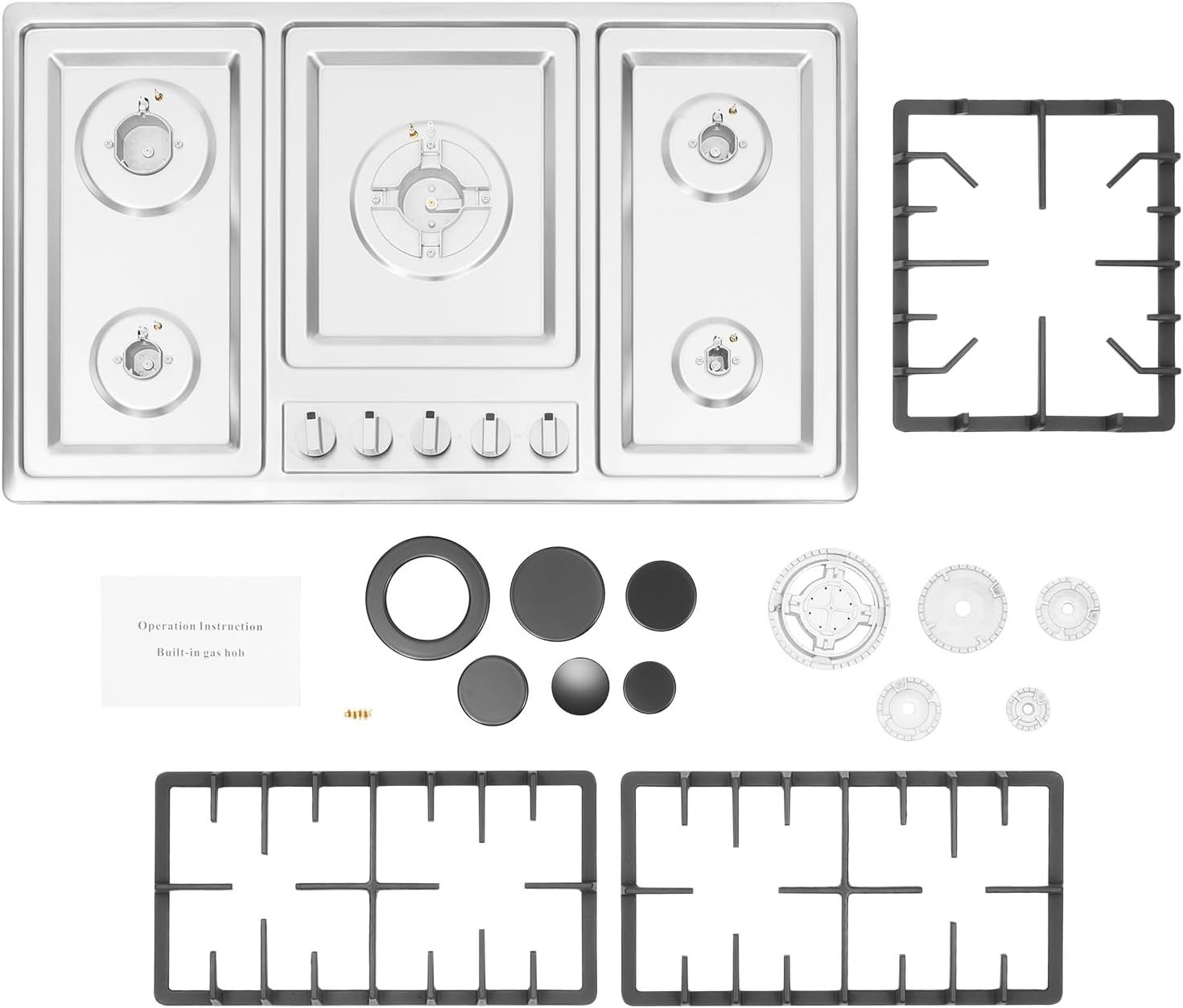 34 inch Stainless Steel Gas Cooktop, LPG/NG Gas Cooktop 5 Burners Built in Gas Stove, LPG/NG Dual Fuel Gas Stove, Thermocouple Protection and Easy to Clean, Drop-in Gas Hob 5 Burner, Silver - Image 2