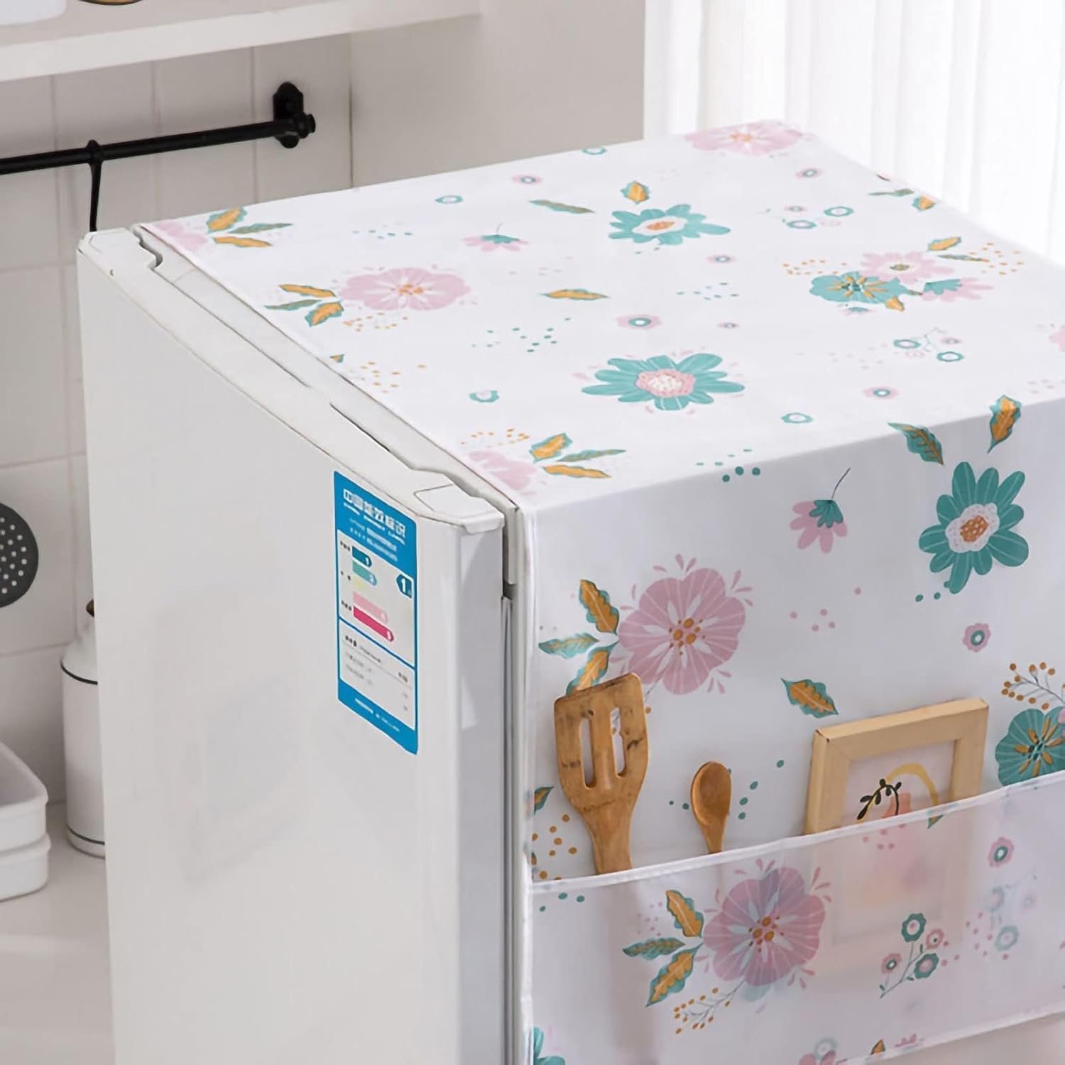 Dust-Proof Refrigerator Cover PEVA Washing Machine Top Protector with Side Storage Bags Water and Oil Proofing Refrigerator Cover Towel Universal Cover for Home and Kitchen(Flower) - Image 4