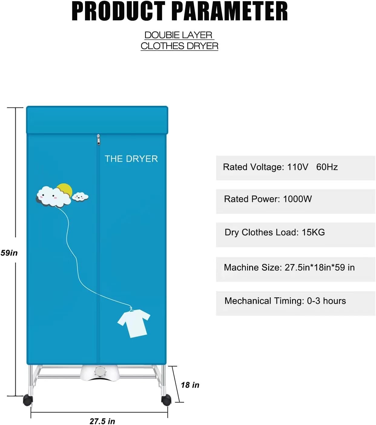 Portable Dryer,110V 1000W Electric Clothes Dryer Machine Double layer Stackable Clothes Drying Rack for Apartments, RV,Laundry,and More - Image 2