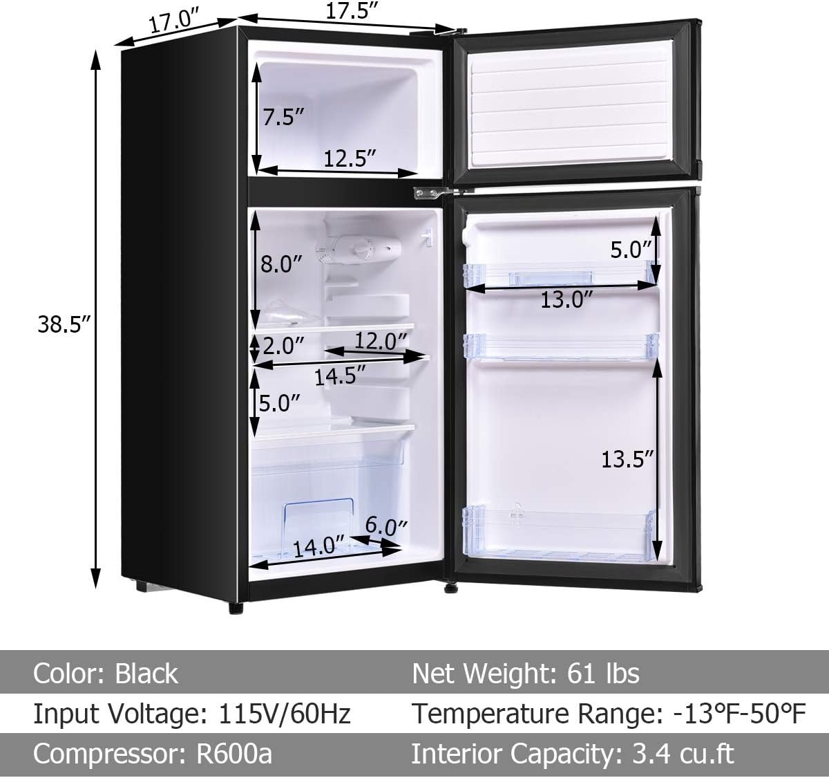 COSTWAY Compact Refrigerator, 3.4 Cu. Ft. Classic Fridge with Adjustable Removable Glass Shelves, Mechanical Control, Recessed Handle, Fridge Freezer for Dorm, Office, Apartment, Black - Image 6
