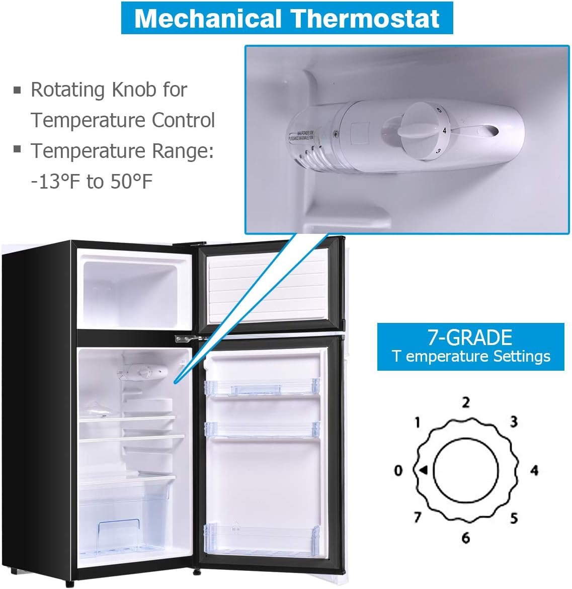 COSTWAY Compact Refrigerator, 3.4 Cu. Ft. Classic Fridge with Adjustable Removable Glass Shelves, Mechanical Control, Recessed Handle, Fridge Freezer for Dorm, Office, Apartment, Black - Image 9