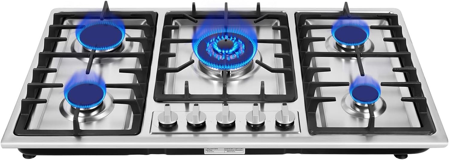 5 Burner Gas Top Stove Gas Cooktop 34 Inch Stainless Steel Built-in Gas Cooktop Gas Cooker Natural Gas/LPG Silver Gas Hob,Easy to Clean and Ignite(5 Burner/33.85"*19.68")