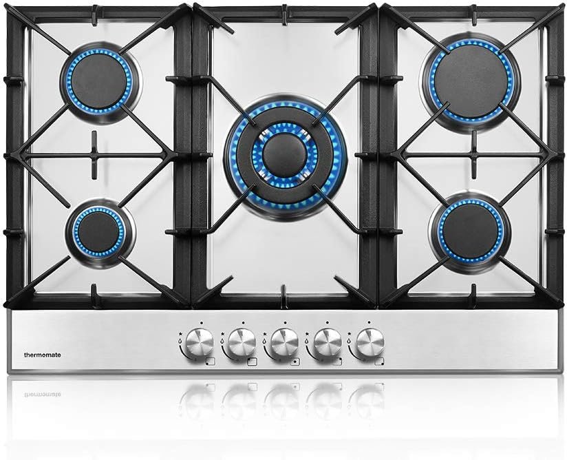 thermomate 30 Inch Gas Cooktop, Built In Gas Rangetop with 5 High Efficiency Burners, NG/LPG Convertible Stainless Steel Gas Stove Top with Thermocouple Protection, 120V AC
