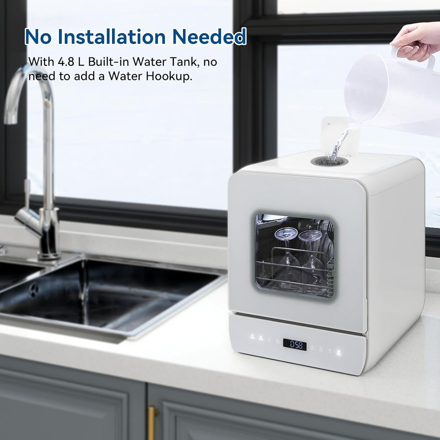 Countertop Dishwasher, Portable Dishwasher Countertop with 4.8L Built-in Water Tank & Inlet Hose, 7 Programs, Dual Water Supply Modes with LED Display and Air-Dry Function for Small Apartments - Image 6
