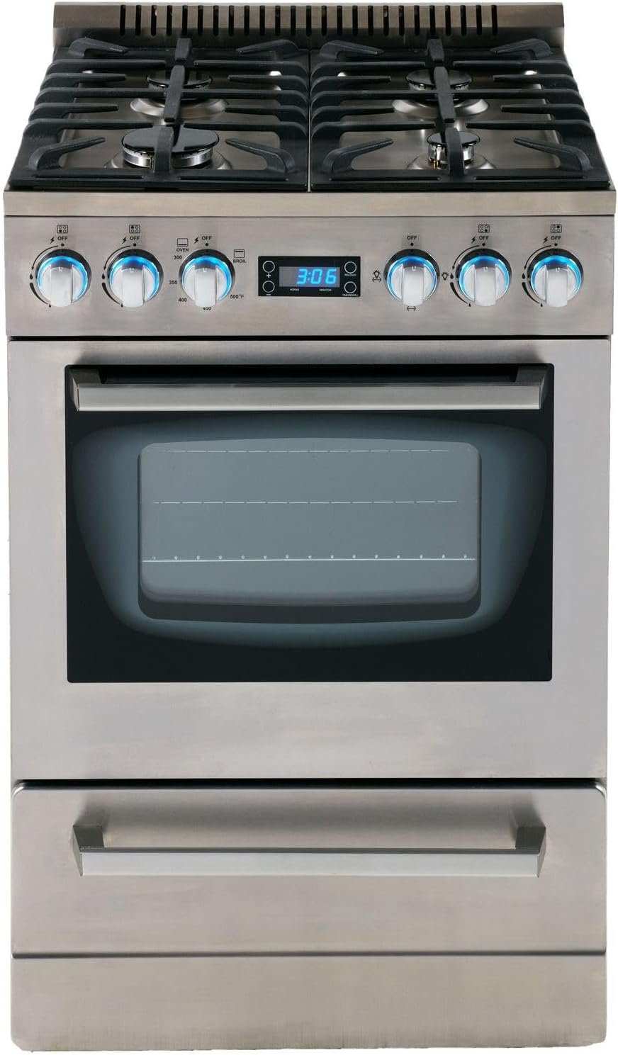 Avanti Gas Range Oven ELITE Series, Compact Freestanding Design, 2.6-Cu.Ft. Capacity 4 Sealed Burners with Electronic Ignition, Includes Broiler and Storage Drawer, 24-Inch, Stainless Steel