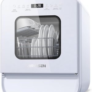 AIRMSEN Portable Countertop Dishwasher with 5L Water Tank, Mini Dishwasher with 14.6” Ultra-Narrow Design, 9 Programs, 24H Delay Start & 360° Dual Spray, No Hookup Needed, C01, White
