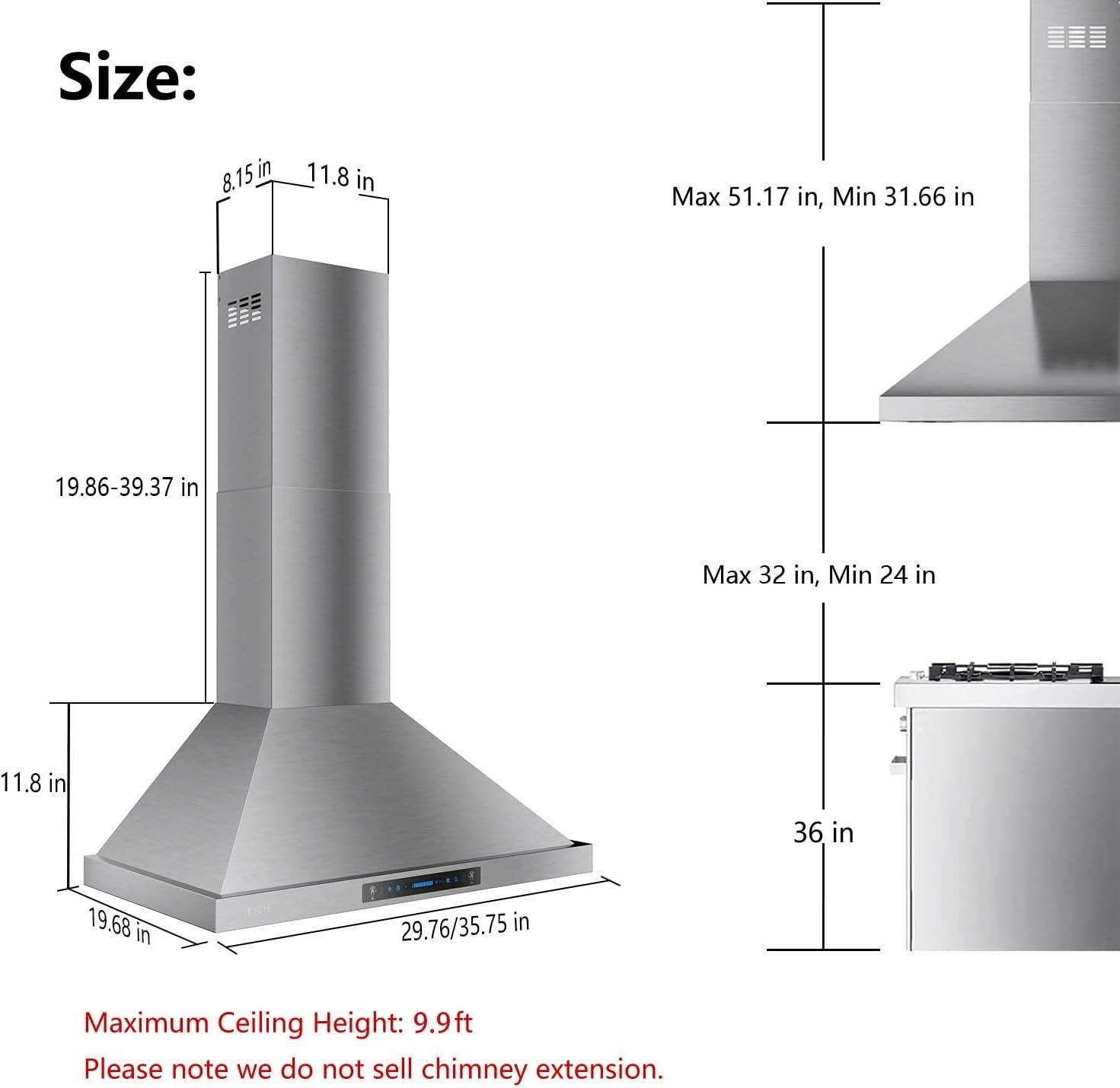 IKTCH 30-inch Wall Mount Range Hood 900 CFM Ducted/Ductless Convertible, Kitchen Chimney Vent Stainless Steel with Gesture Sensing & Touch Control Switch Panel, 2 Pcs Adjustable Lights(IKP02-30'') - Image 6