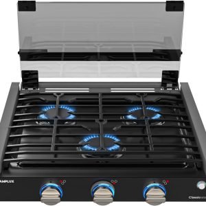 CAMPLUX RV Stove 3 Burners 21,000 BTU, 21 Inches Propane Cooktop with Tempered Glass Cover, RV Stove Top, Slide-in for Camper Trailers, Motorhomes, and Boats, Black