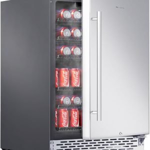 Phiestina 24 inch Indoor/Outdoor Beverage Refrigerator 175 Cans Built-in/Freestanding Beverage Fridge Cooler Lockable Stainless Steel Door Auto Defrost Quiet For Home/Commercial,6 Removable Shelves