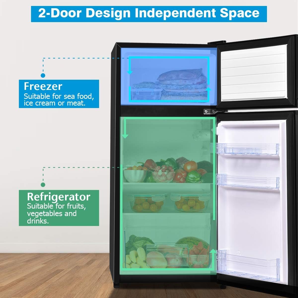 COSTWAY Compact Refrigerator, 3.4 Cu. Ft. Classic Fridge with Adjustable Removable Glass Shelves, Mechanical Control, Recessed Handle, Fridge Freezer for Dorm, Office, Apartment, Black - Image 5