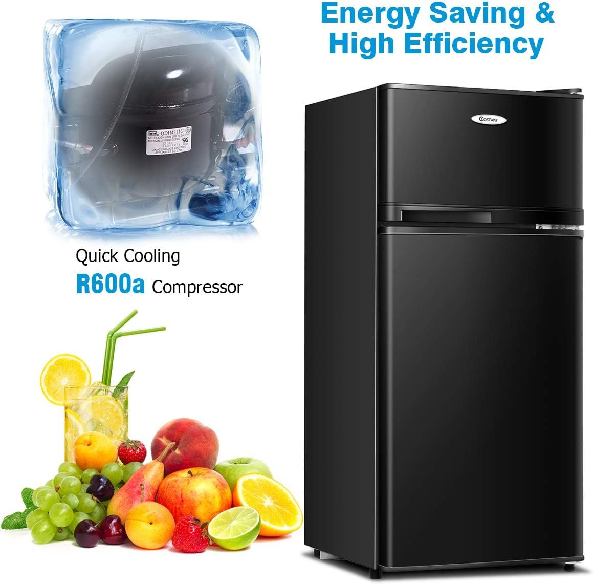 COSTWAY Compact Refrigerator, 3.4 Cu. Ft. Classic Fridge with Adjustable Removable Glass Shelves, Mechanical Control, Recessed Handle, Fridge Freezer for Dorm, Office, Apartment, Black - Image 8