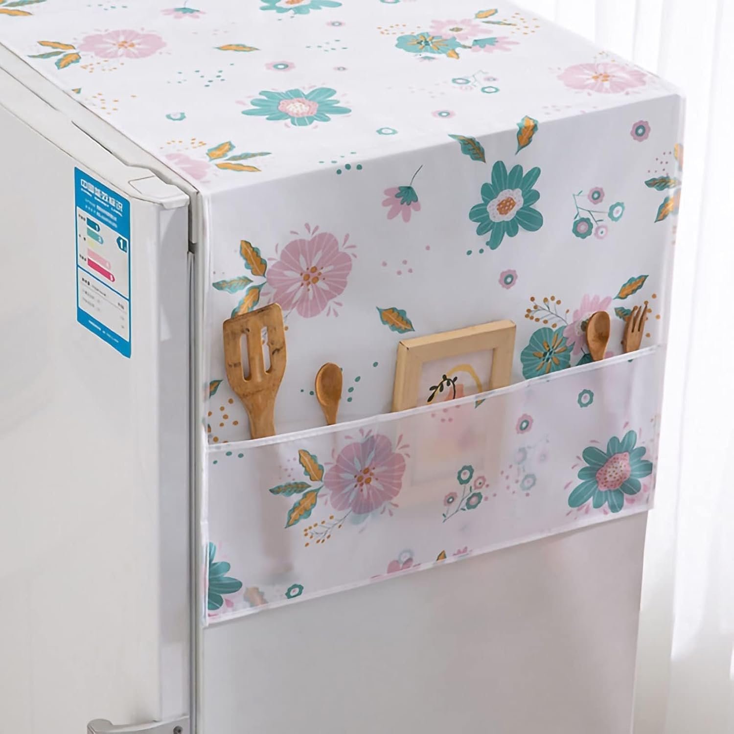 Dust-Proof Refrigerator Cover PEVA Washing Machine Top Protector with Side Storage Bags Water and Oil Proofing Refrigerator Cover Towel Universal Cover for Home and Kitchen(Flower) - Image 5