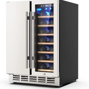 Wine and Beverage Refrigerator, 24 Inch Dual Zone Wine Fridge with Safety Locks, Under Counter Wine Cooler Fridge Built-In or Freestanding, Holds 20 Bottles and 57 Cans (Glass Door & Foam Door)