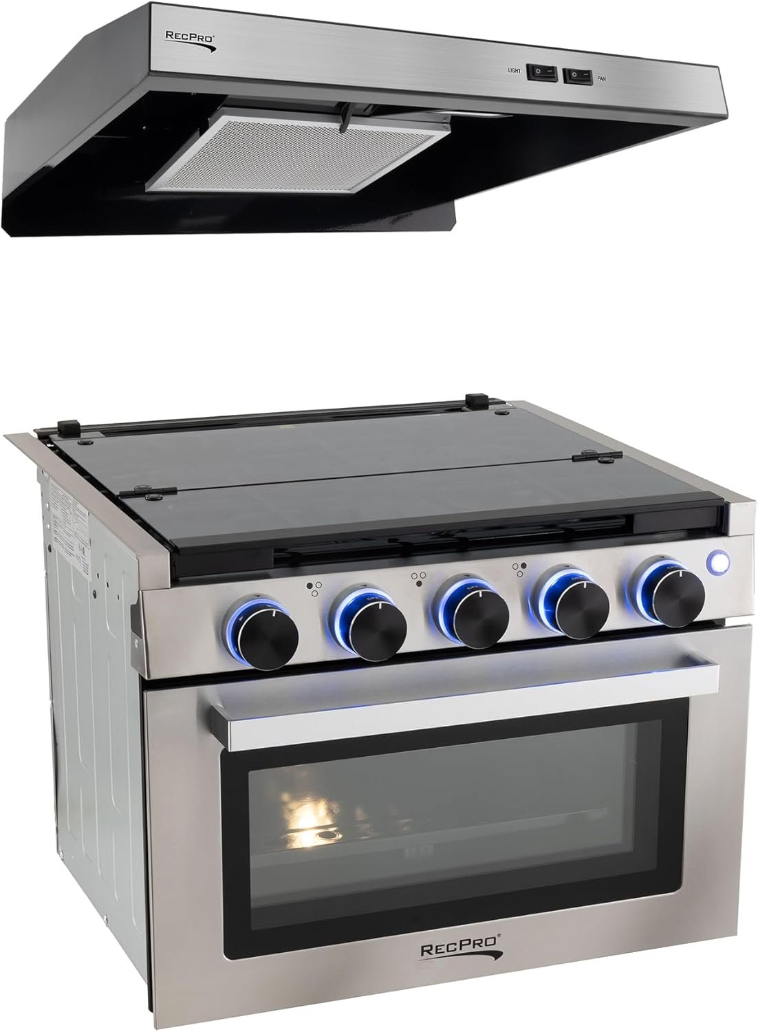 RecPro RV Stove | 21" x 17" Cooktop | 17" Tall Gas Range | 3 Burner | 1.8 Cu. Ft | 7100 BTU | Black or Silver Finish | Optional Vented Range Hood (Stainless, With Range Hood)