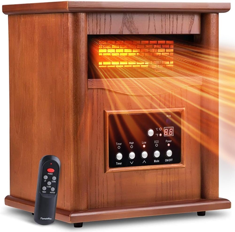LifePlus Electric Infrared Space Heaters for Indoor Use, 1500W Box Space Heater with Wood Frame, Remote Control 12H Timer and 3 Heating Mode, Multiple Security Protections, for Living Room Home Office