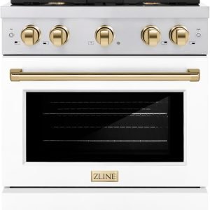 ZLINE Autograph Edition 30 in. 4.2 cu. ft. Paramount Gas Range with 4 Burner Cooktop and Convection Gas Oven in Stainless Steel with White Matte Door and Polished Gold Accents (SGRZ-WM-30-G)