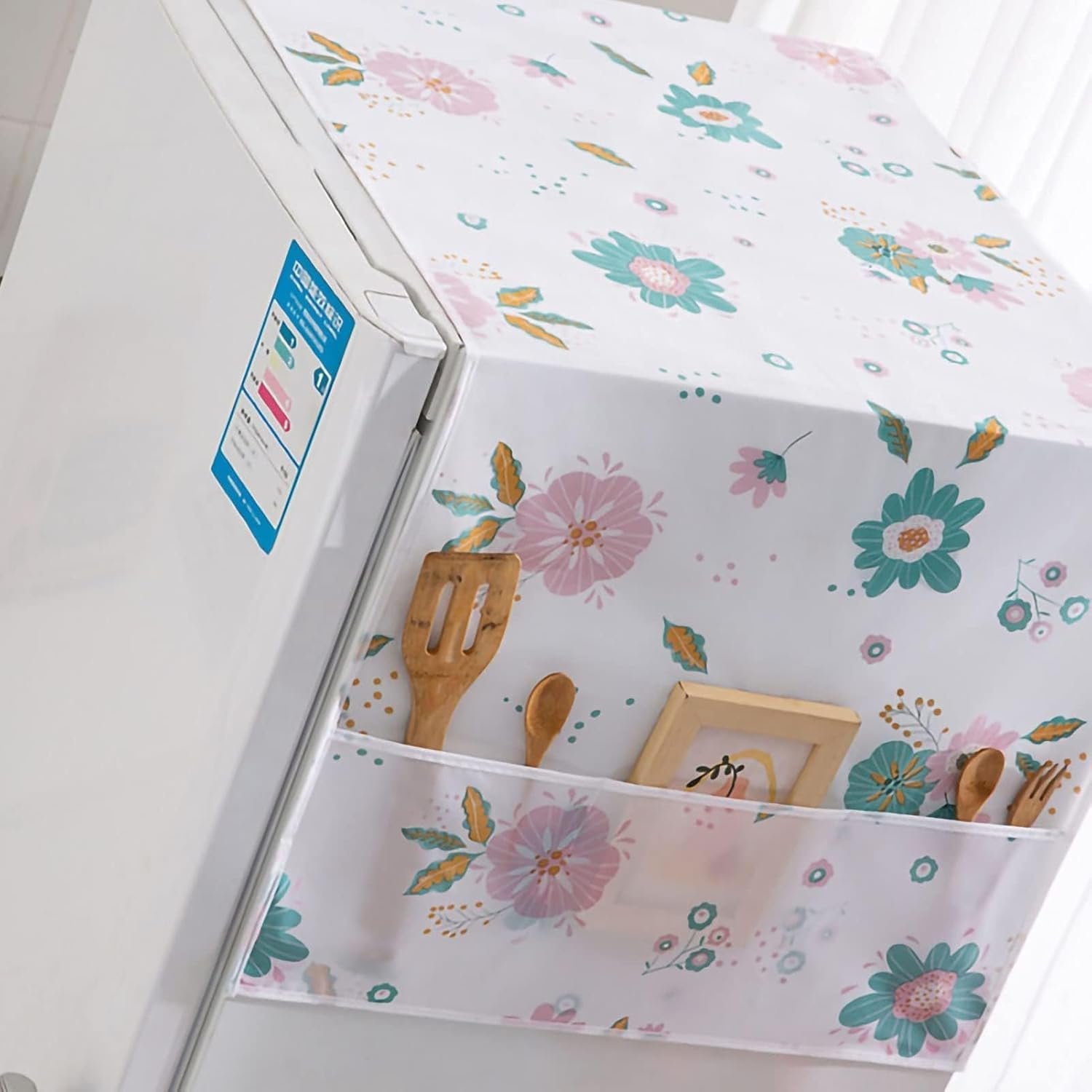 Dust-Proof Refrigerator Cover PEVA Washing Machine Top Protector with Side Storage Bags Water and Oil Proofing Refrigerator Cover Towel Universal Cover for Home and Kitchen(Flower) - Image 6