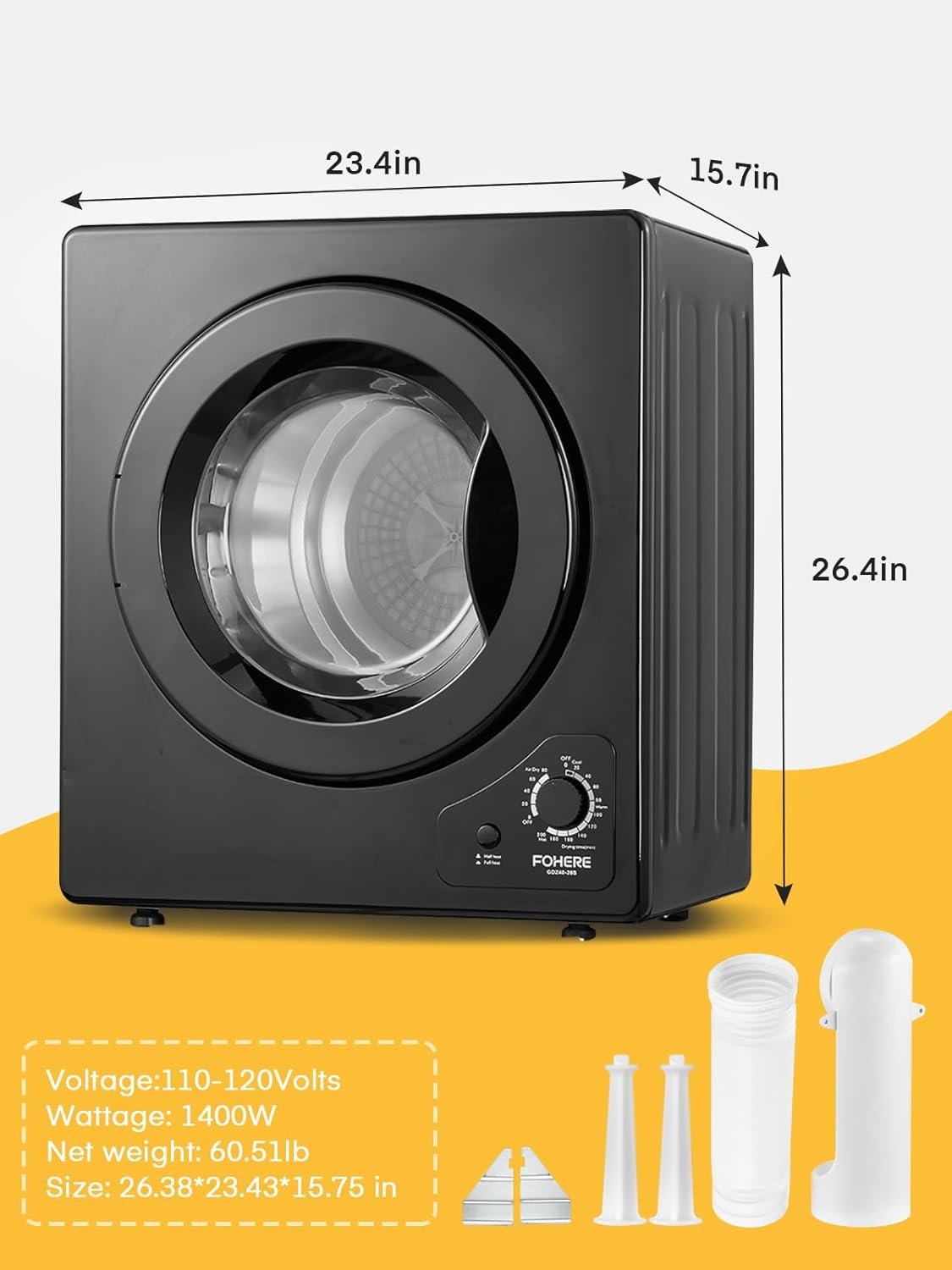 1400W Portable Clothes Dryer, FOHERE Tumble Dryer, 5 Drying Modes, with Stainless Steel Drum, for Apartments, Dorms, Homes, RVs, 110V, Black - Image 2