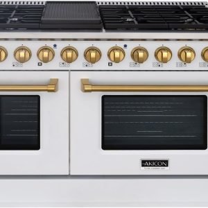 Akicon 48" Slide-in Freestanding Professional Style Gas Range with 6.7 Cu. Ft. Oven, 8 Burners, Convection Fan, Cast Iron Grates, & Blue Porcelain Oven Interior, In White with Gold