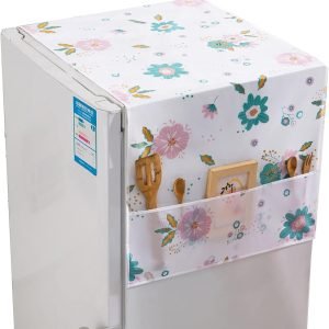 Dust-Proof Refrigerator Cover PEVA Washing Machine Top Protector with Side Storage Bags Water and Oil Proofing Refrigerator Cover Towel Universal Cover for Home and Kitchen(Flower)