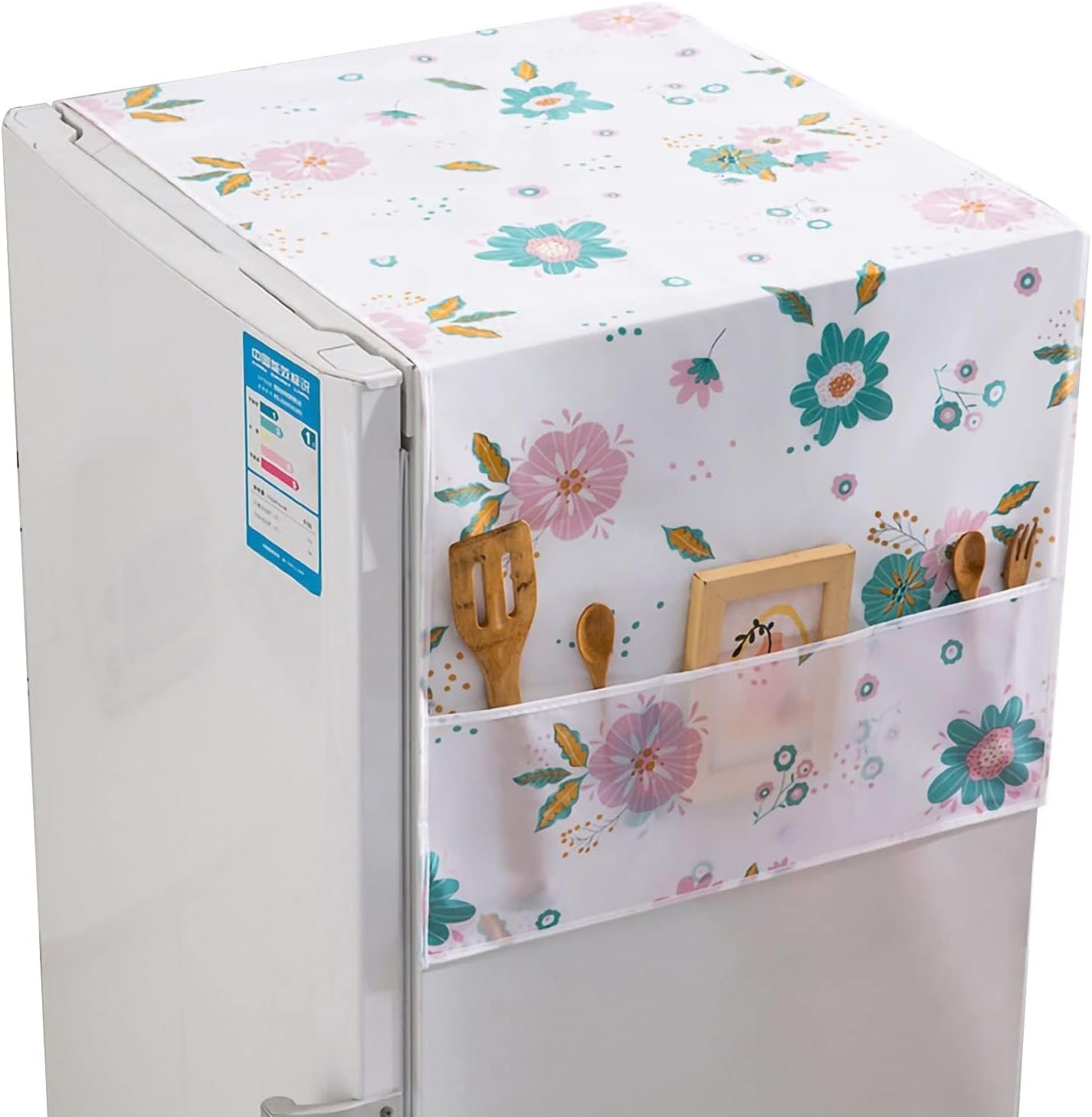Dust-Proof Refrigerator Cover PEVA Washing Machine Top Protector with Side Storage Bags Water and Oil Proofing Refrigerator Cover Towel Universal Cover for Home and Kitchen(Flower)