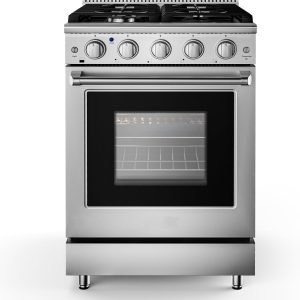 SIMOE 24 Inch Gas Range with 4 Burners, Slide-In Gas Range Stove, 3.8 cu. ft. Capacity True Convection Oven with 6 Functions, Heavy Duty Cast Iron Grates in Stainless Steel